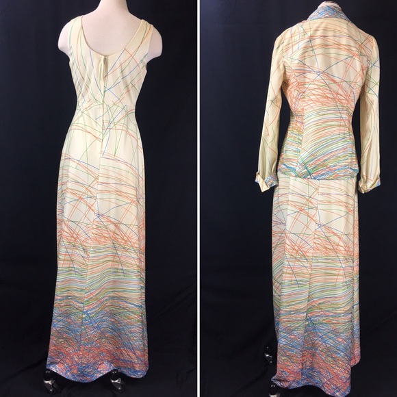 Vintage 70s Two Piece Cream & Neon Scribbles Dress - Picture 4 of 6